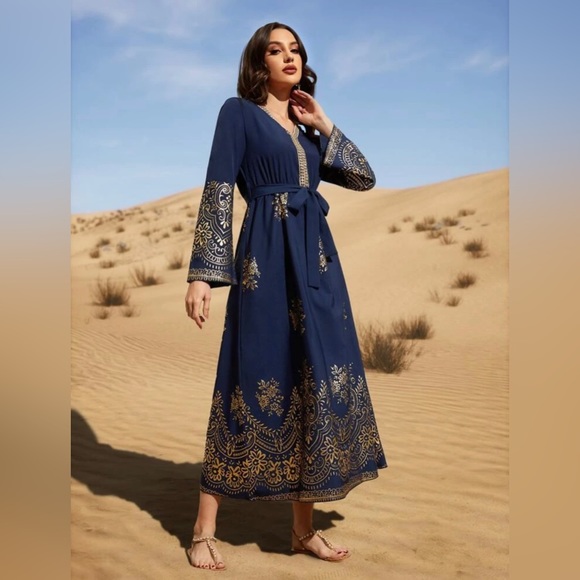 Gold Floral Print Contrast Tape Belted Kaftan Maxi Dress - Picture 3 of 10